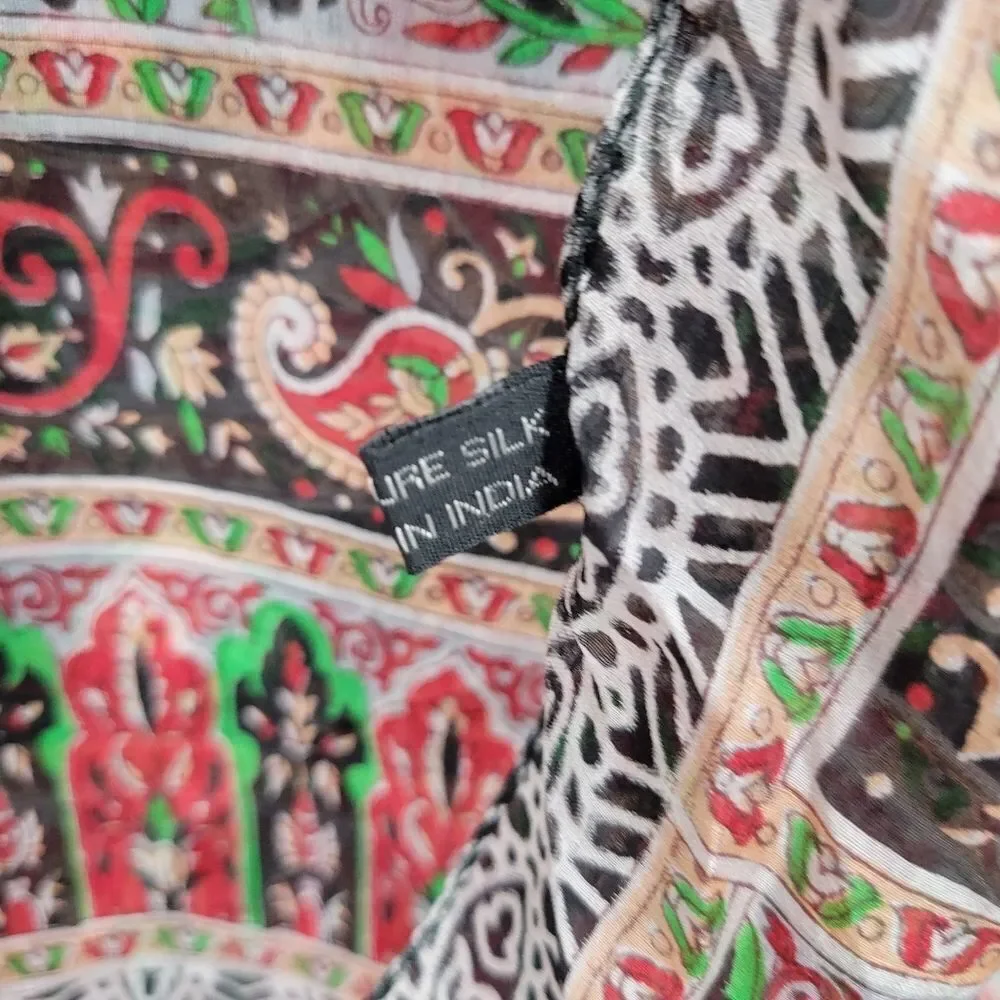 Silk Chiffon Red Green Paisley Patterned Scarf Head Wrap Belt